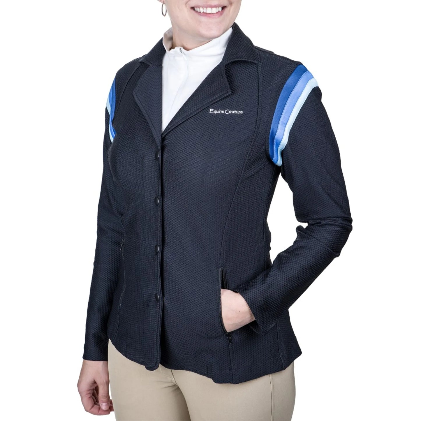 Equine Couture Women's EquiVent Gradient Show Coat- Black w/ Red Stripes- 1X