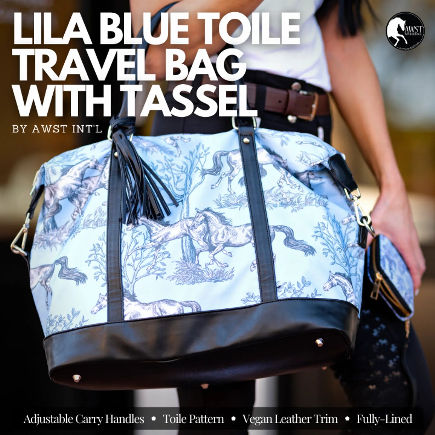AWST INTL LILA BLUE TOILE PATTERN TRAVEL BAG withTASSEL