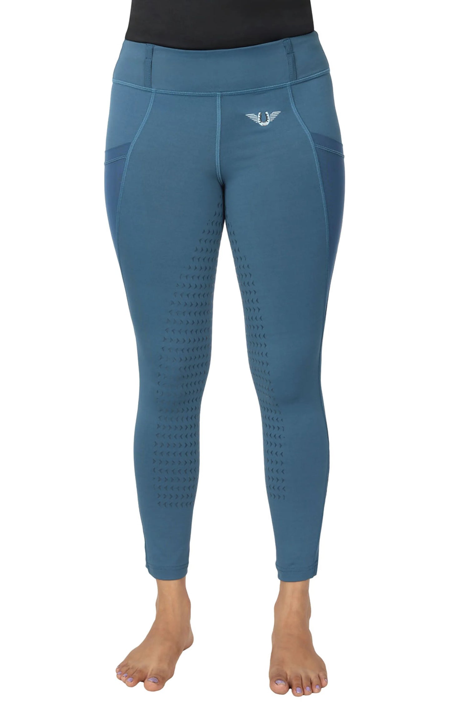 TuffRider Children's Minerva EquiCool Full Seat Tights With Phone Pocket and Loops-Ensign Blue-L