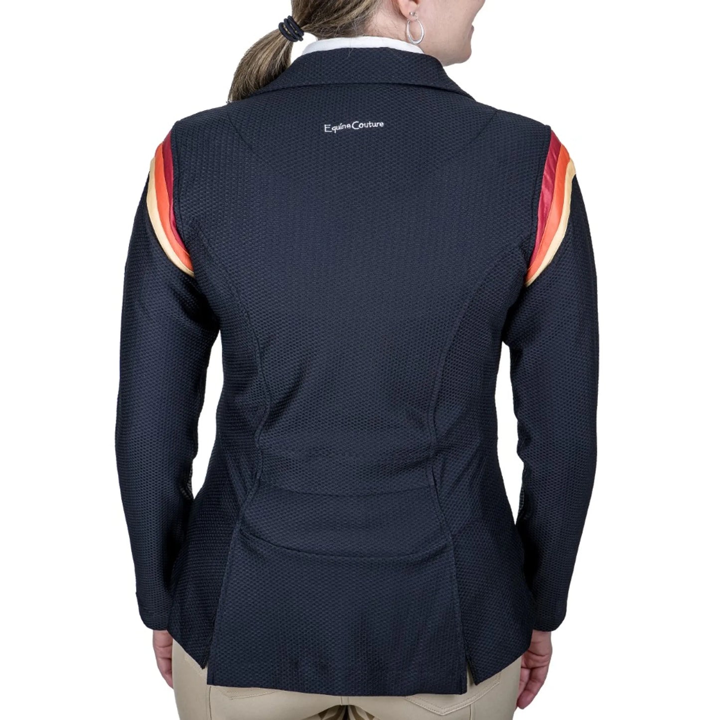 Equine Couture Women's EquiVent Gradient Show Coat- Black w/ Red Stripes- 1X