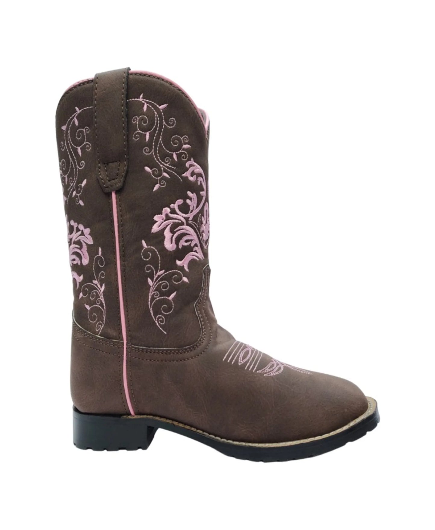 TuffRider Children's Glacier Square Toe Western Boot- Mocha w/ Pink- 10C