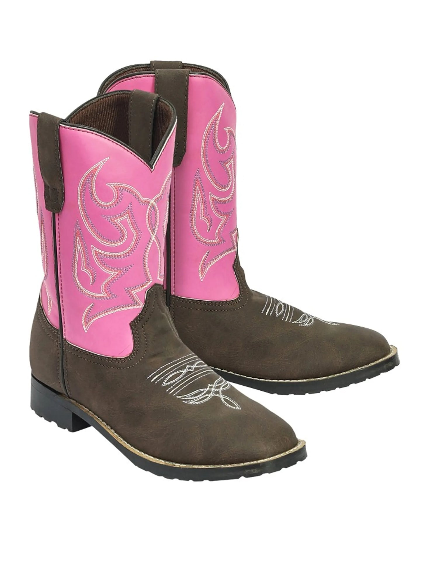 TuffRider Children's Voyageurs Square Toe Western Boot- Mocha w/ Hot Pink- 10C