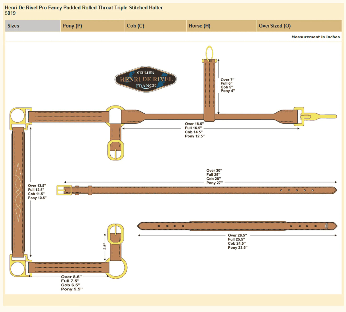 Henri de Rivel Pro Fancy Padded Rolled Throat Triple Stitched Halter - Oak Bark - Cob