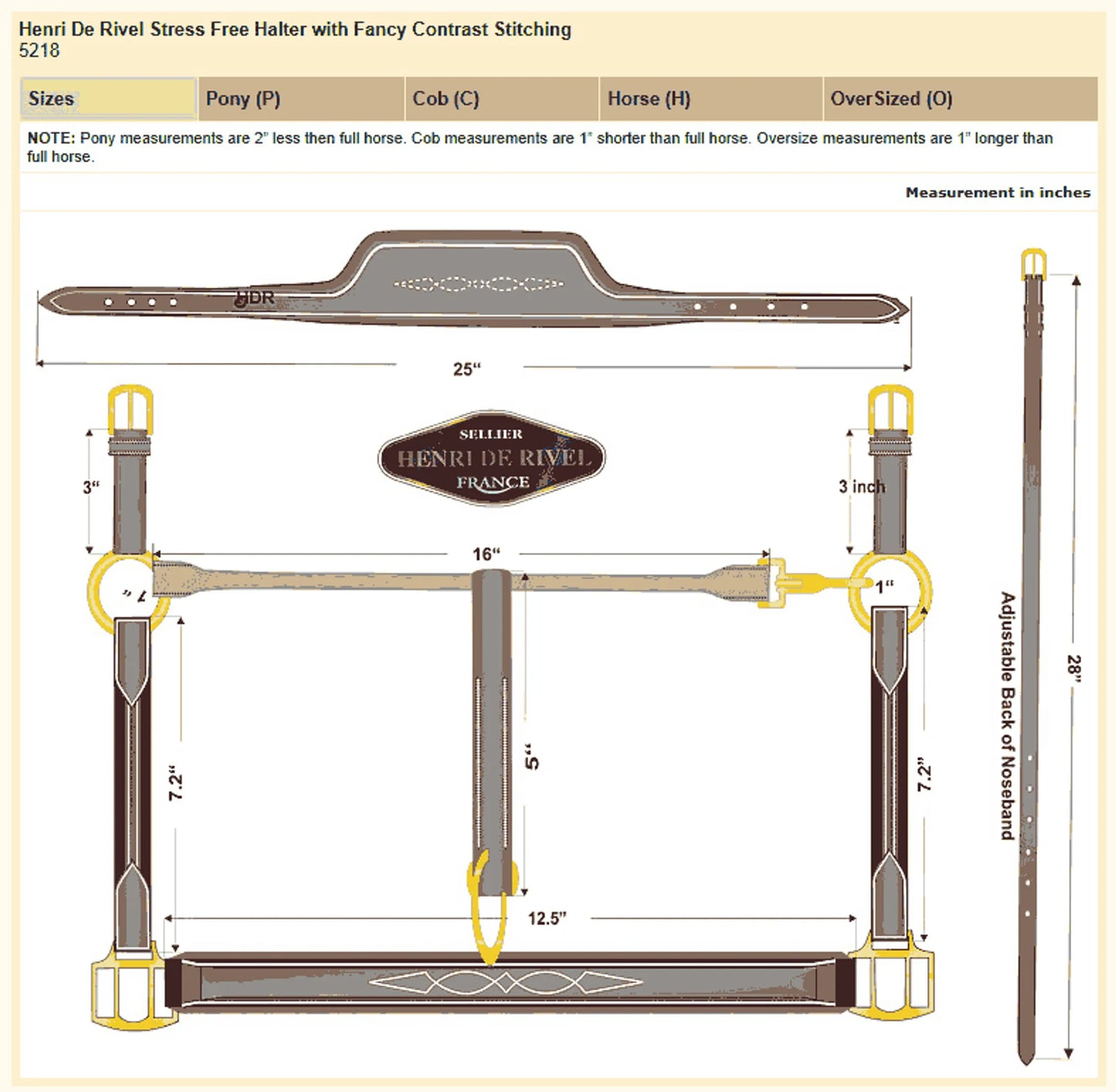 Henri de Rivel Stress Free Halter With Fancy Contrast Stitching - Australian Nut - Cob