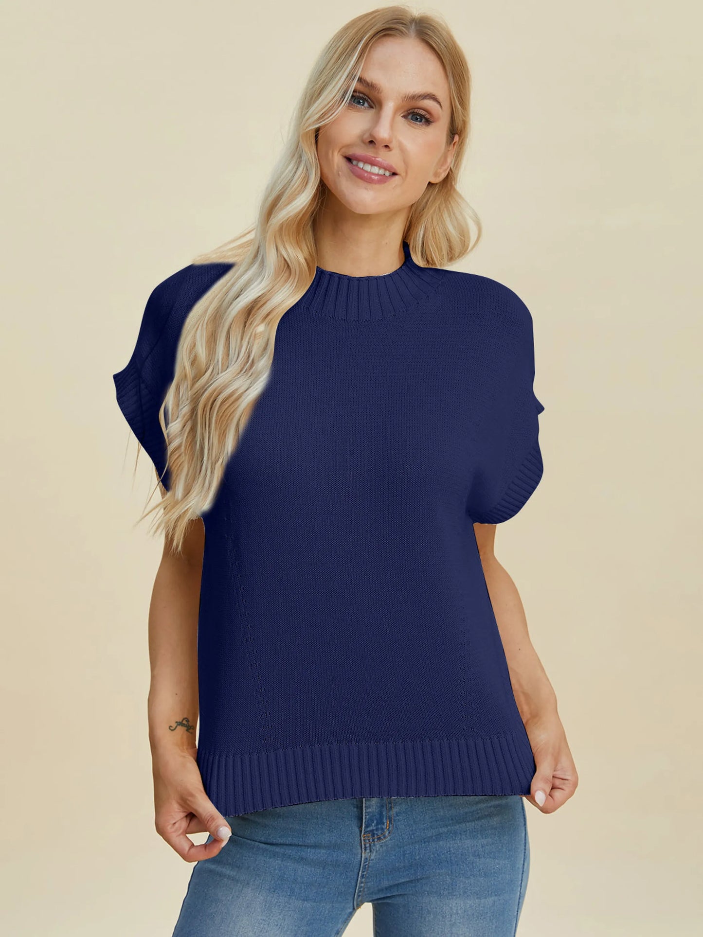Double Take Full Size Mock Neck Short Sleeve Sweater